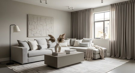 A bright contemporary living room with a large sectional sofa, a textured rug, and ample natural...