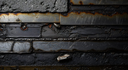 Dark, weathered metal plates with visible rust, scratches, and rough textures form a close-up...
