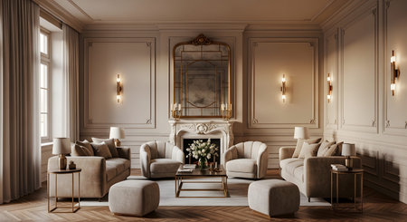 Cream showing chic living room with cream upholstered furniture ornate mirror and soft lighting....