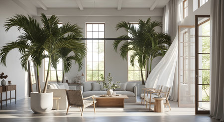 A bright and airy living room filled with large potted palm trees and minimalist furniture,...