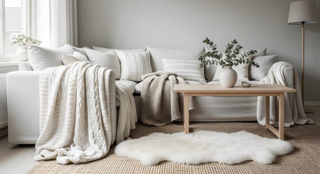A minimalist white living room showcases a comfortable sofa, layered throws, and a soft...