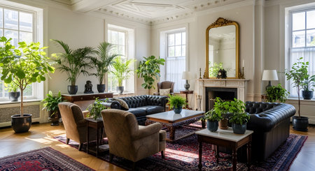 Green showing chesterfield sofa living room with large windows and abundant green plants.