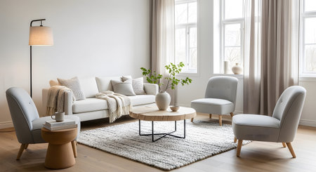 Showing cozy living room with white sofa and accent chairs. resolution