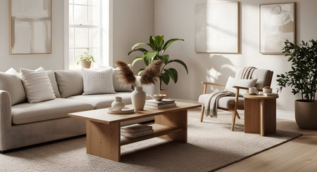 A bright, neutral living room featuring a light-colored sofa, wooden furniture, and potted plants.