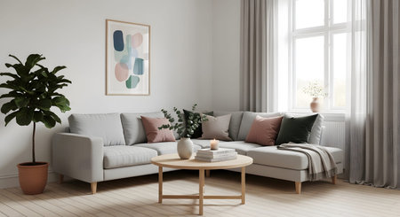 Round showing light gray sectional sofa with wooden coffee table and abstract in a bright room...