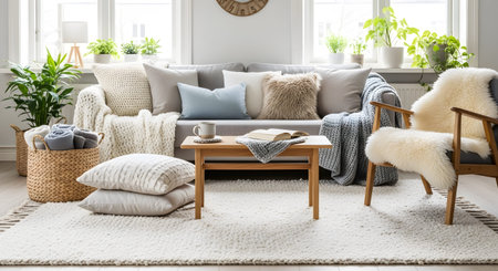 With showing cozy scandinavian living room with light grey sofa plush pillows and sheepskin...