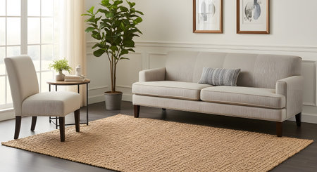 Chair showing light beige sofa and chair with striped pillow on jute rug in bright room.