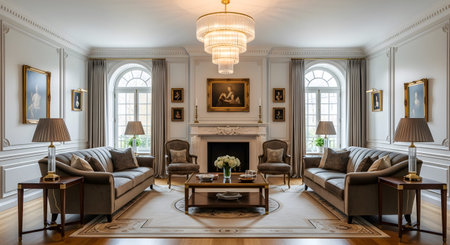 Classic living room with ornate fireplace, grand chandelier, and classic furniture.