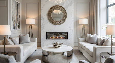 With showing living room with fireplace and marble accents. resolution