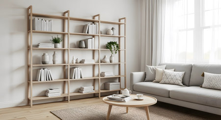 A light wood bookshelf books and vases in a bright, airy living room with a sofa, coffee table,...