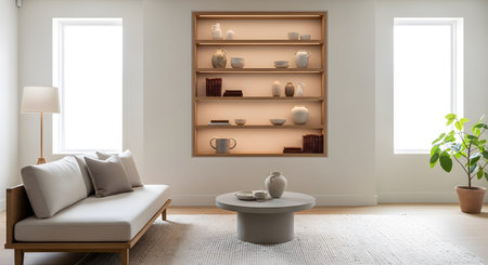 Living room showing modern living room with a built-in illuminated shelf displaying ceramic...の写真素材