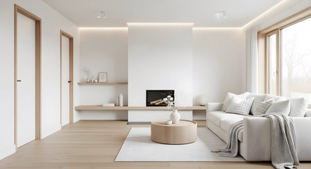 Living room showing minimalist scandinavian living room with white sofa and fireplace.