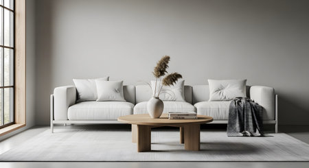 Plant showing living room with white sofa, round wood table, and dried plant. resolution...