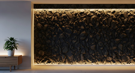 Interior showing modern interior with a textured dark stone wall illuminated by warm led...