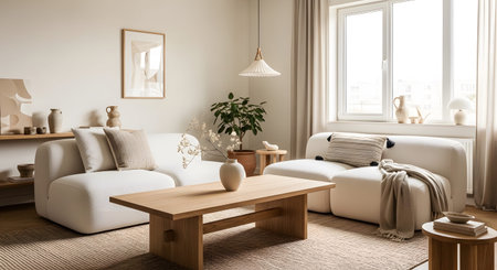 A minimalist living room showcases two white sofas, a wooden coffee table, and a potted plant.の写真素材