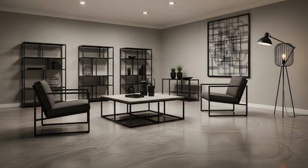 With showing modern minimalist living room with black furniture and geometric. resolution...