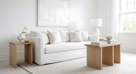 Clean showing minimalist white living room with a slipcovered sofa, light wood furniture, and...