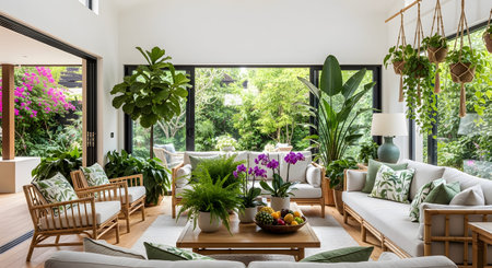 Living room showing lush tropical living room with abundant greenery and vibrant flowers.