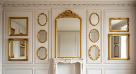 (38) showing ornate gold framed mirrors arranged on a white paneled wall above a fireplace.
