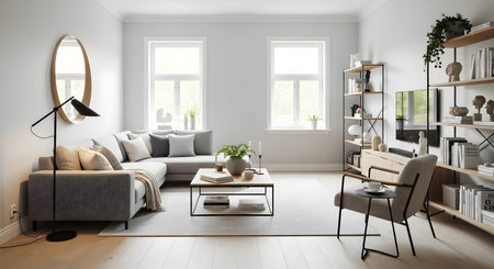 A bright, minimalist living room a gray sectional sofa, a black metal coffee table, and a tall...