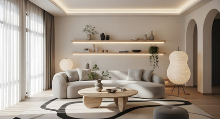 A serene minimalist living room showcases a curved off-white sofa, a natural wood coffee table,...