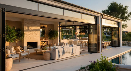 Open concept living space with a pool, patio, and dining area bathed in warm sunset light.