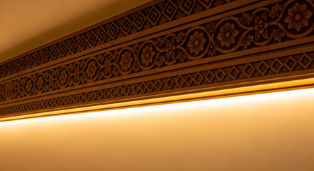 Wooden showing ornate wooden ceiling trim with intricate floral and geometric patterns...