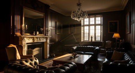 Piano showing opulent dark wood library with a grand piano, leather sofas, and ornate fireplace....