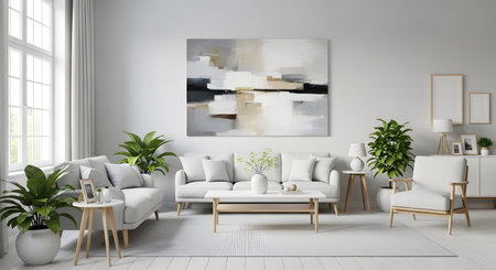 A spacious living room multiple sofas, abstract and lush green plants, creating a bright and...
