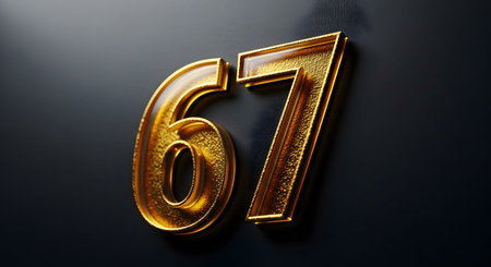 Textured showing golden number 67 with textured surface and reflective edges on dark background....