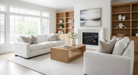 Wooden showing modern living room with white sofas, a wooden coffee table, and built-in wooden...
