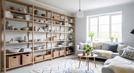An extensive light wood shelving unit in a living room is filled with books, baskets, ceramics,...の写真素材