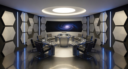 Hexagonal showing futuristic command center with galaxy display and hexagonal wall panels.