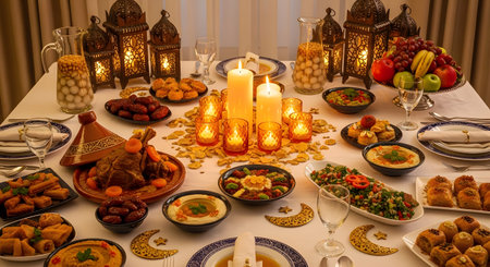 A richly laden table for Ramadan Iftar diverse dishes, dates, fruit, and glowing lanterns and...