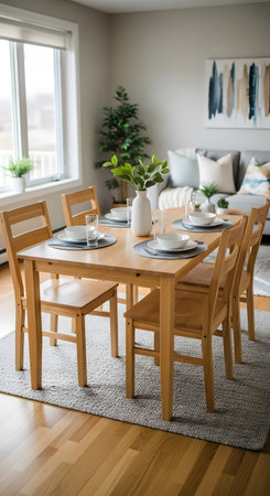 A light wood dining table and chairs are arranged on a grey rug in a bright room with a large...