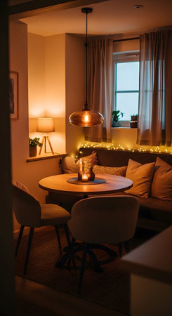 Dining showing cozy dining nook with round table candles and string lights.
