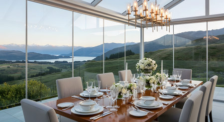 Dining showing dining room with a long table set for a feast overlooking a vast mountain landscape.