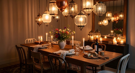 Dining showing festive dining table laden with food and flowers under numerous decorative lanterns.
