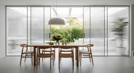 A wooden dining table and chairs are positioned in a bright room with textured glass doors...