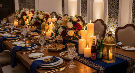 A long wooden dining table is elaborately set with white and red roses, numerous lit candles,...