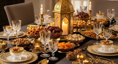 Setting showing elaborate ramadan table setting with dates nuts dried apricots and ornate...