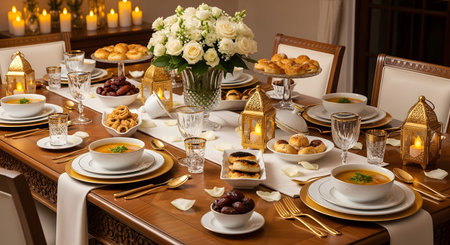 An dining table is set for Iftar with soup bowls, dates, pastries, and ornate golden lanterns.