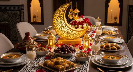 Setting showing ramadan iftar feast table setting with crescent moon lantern and dates.