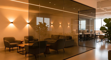 A modern office lounge with plush seating, glass partitions, and warm, inviting ambient lighting...