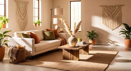 Wall showing bright living room with a white sofa, earthy tones, macrame wall hangings, and...