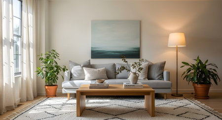 Abstract showing bright living room with a grey sofa, wooden coffee table, and large abstract...
