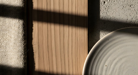 Stock showing close up of light brown wood grain texture with harsh shadows from window blinds...