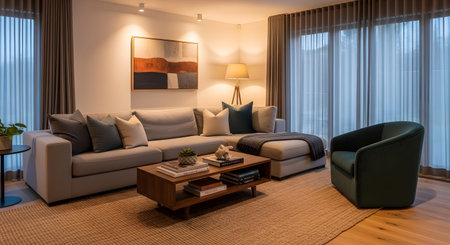 Sectional showing bright modern living room with light grey sectional sofa green armchair and...