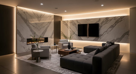 Sectional showing contemporary living room with fireplace, marble wall, and sectional sofa.