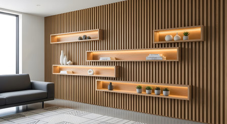 A contemporary living room showcases a slatted wood wall with multiple floating shelves...
